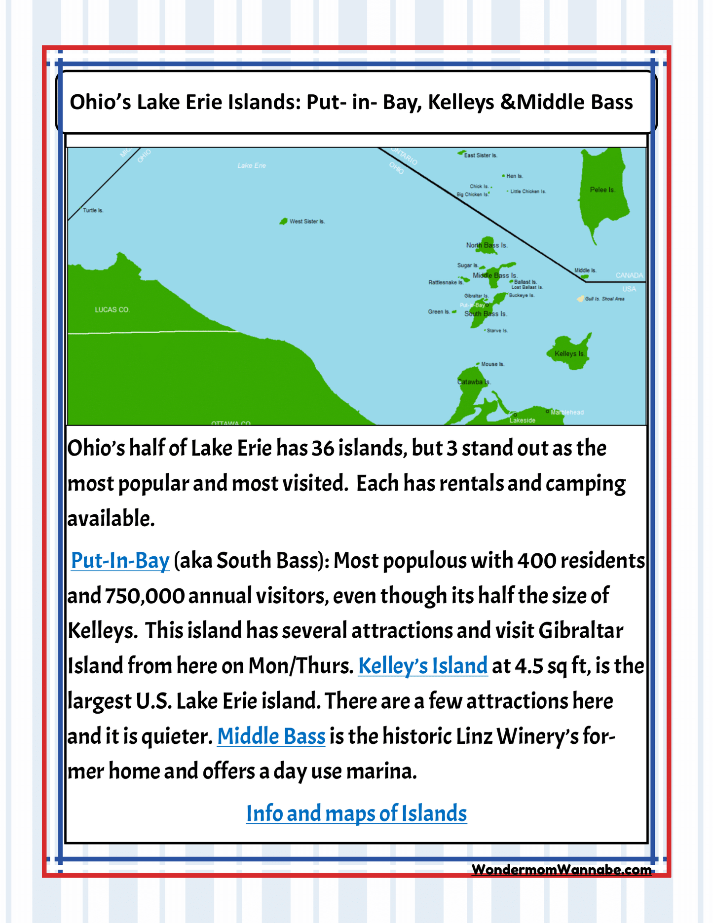 Discover Ohio's Lake Erie Islands with the Ohio Travel Guide and Activity Kit for Kids from Wondermom Shop. This comprehensive infographic showcases Put-in-Bay, Kelleys Island, and Middle Bass Island, complete with detailed descriptions of attractions, maps, and notable features of each island. Ideal for those in Cleveland looking for exciting Ohio activities.