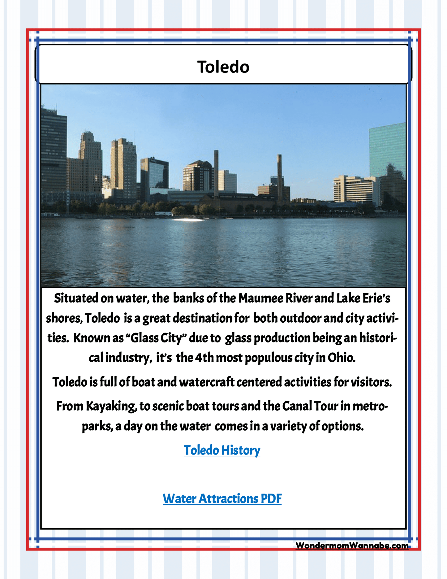 The Ohio Travel Guide and Activity Kit for Kids from Wondermom Shop features an informative section about Toledo, highlighting its historical significance, activities in Ohio, and tourist attractions such as kayaking, boat tours, and historical sites. The city's skyline is elegantly displayed above the text.