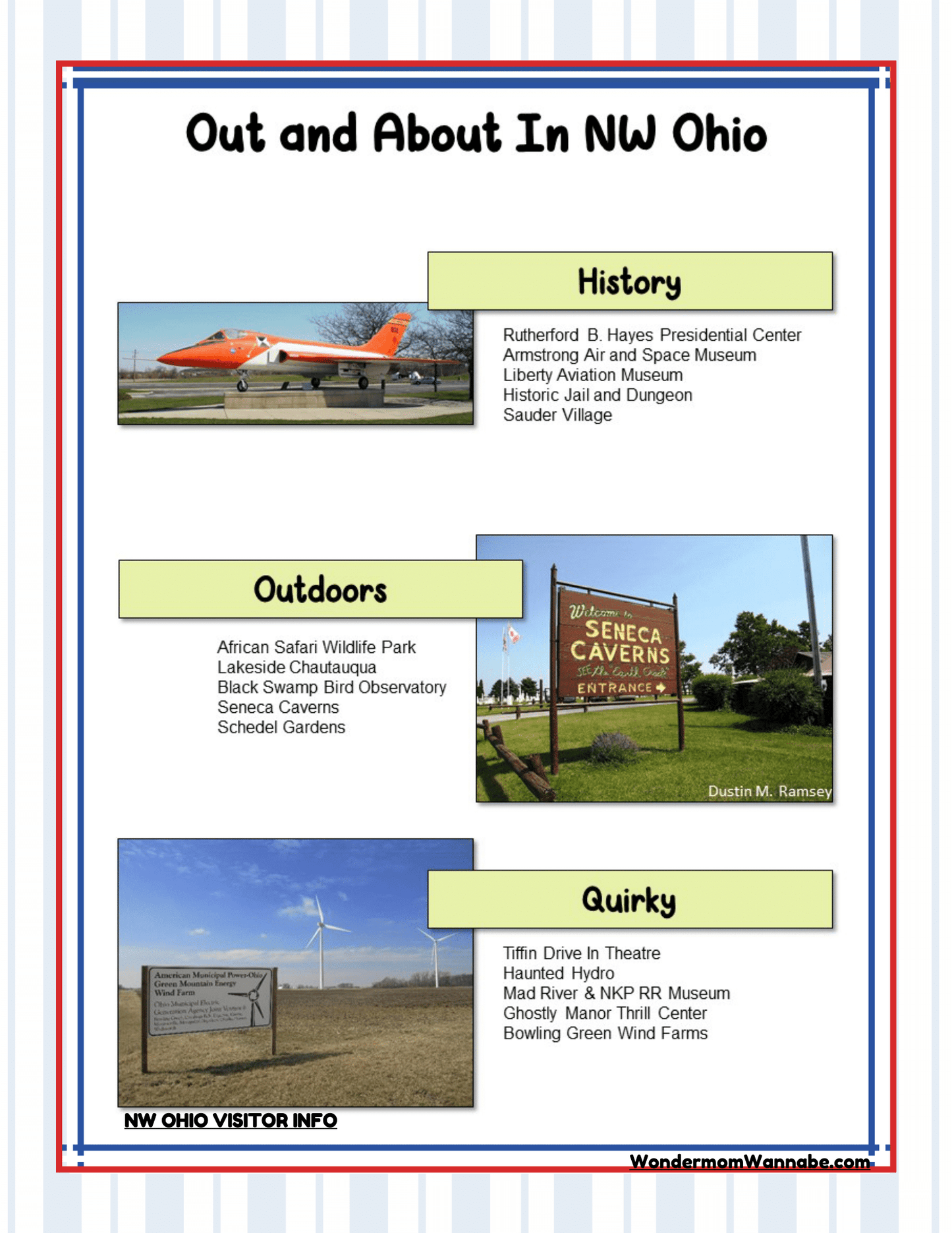 Flyer titled "Out and About In NW Ohio" featuring historical sites, outdoor activities, and quirky attractions with images of Seneca Caverns and Tiffin Drive-in Theatre. Ideal for families planning to explore Ohio activities or seeking Cleveland visitor information for an exciting adventure! Check out the Ohio Travel Guide and Activity Kit for Kids from Wondermom Shop.