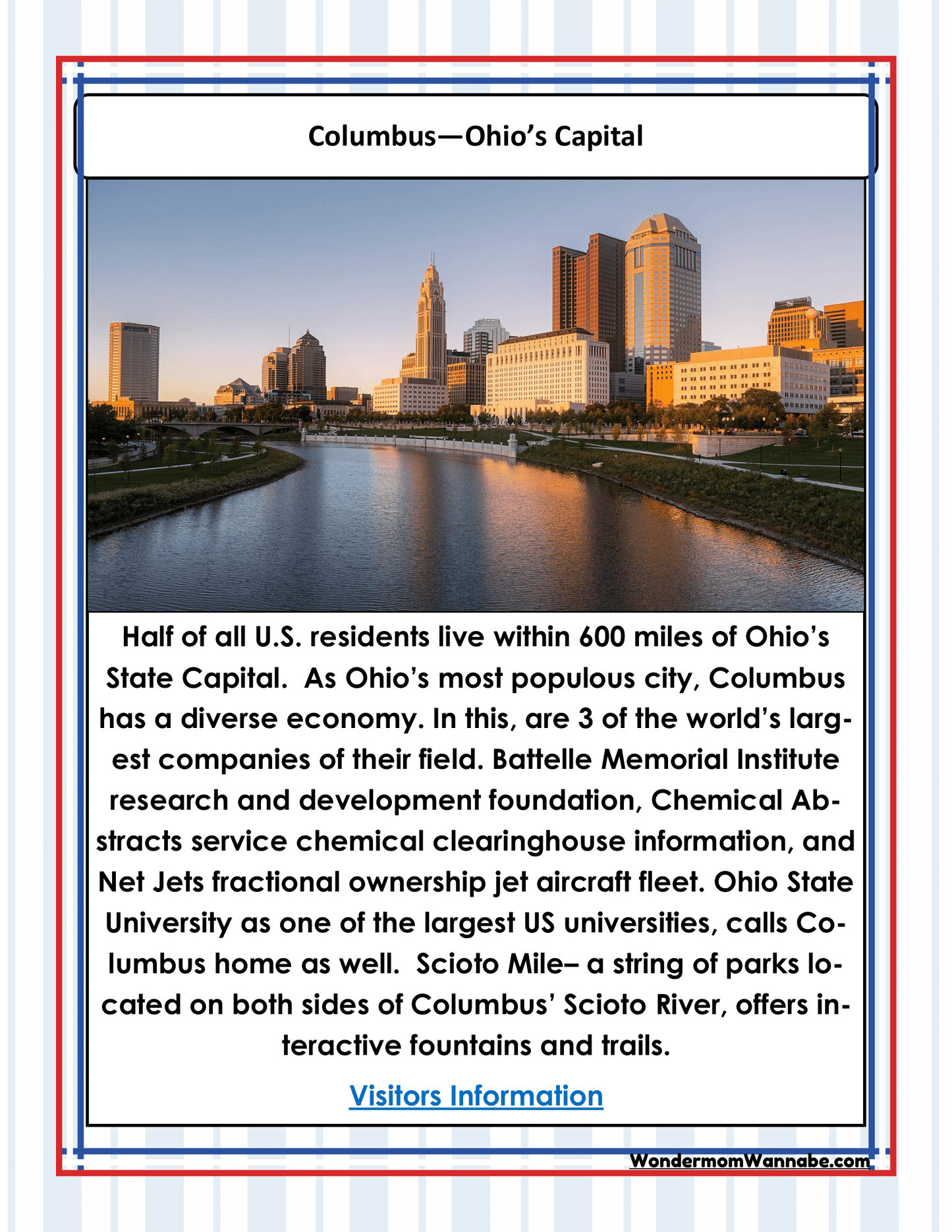A cityscape of Columbus, Ohio, with high-rise buildings along the river. The text below provides information about the city, its major institutions, and attractions like Scioto Mile and Ohio State University. For more fun, explore the **Ohio Travel Guide and Activity Kit for Kids** by **Wondermom Shop** or engage in exciting Ohio activities.