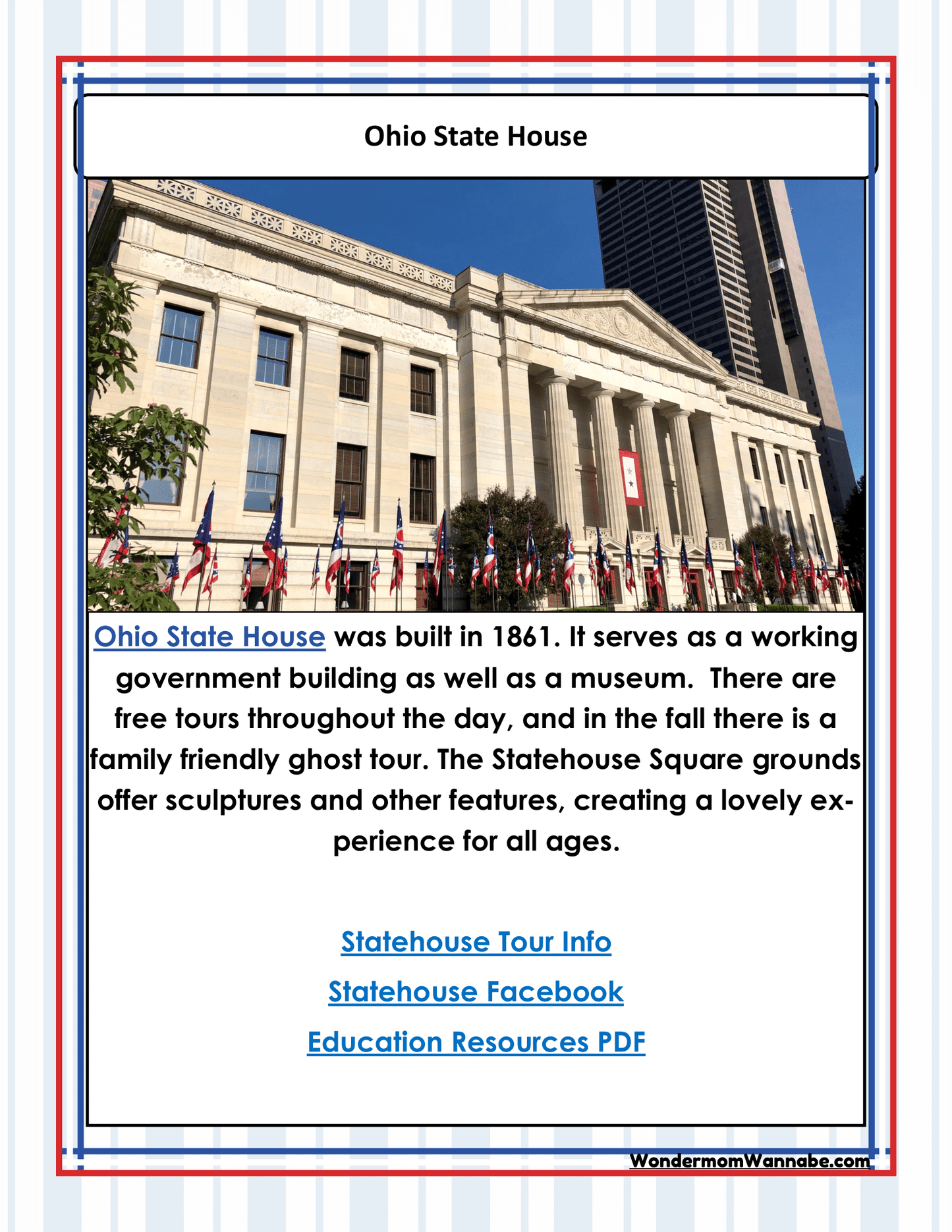 Image of the Ohio Travel Guide and Activity Kit for Kids by Wondermom Shop. The kit highlights the Ohio State House's history, functions, tours, and additional offerings—including links to tour info, Facebook, an educational PDF, and Ohio state coloring pages. Perfect for discovering Ohio activities or enhancing Cleveland visitor information.