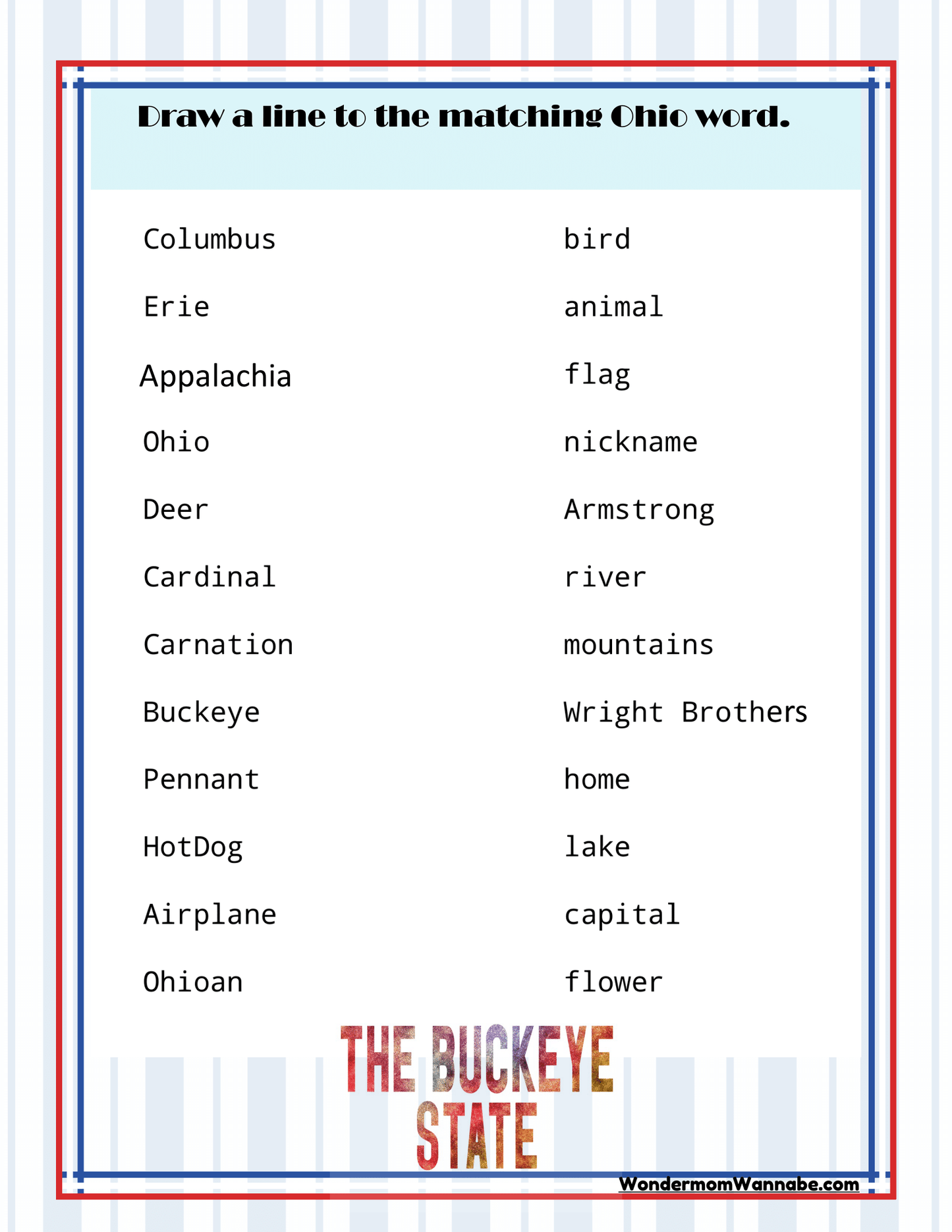 The Ohio Travel Guide and Activity Kit for Kids from Wondermom Shop features a list of words including places and symbols associated with Ohio. One of the activities instructs children to draw lines to match each Ohio-related word with another specific word on the list, making it a fun project for exploring Ohio.