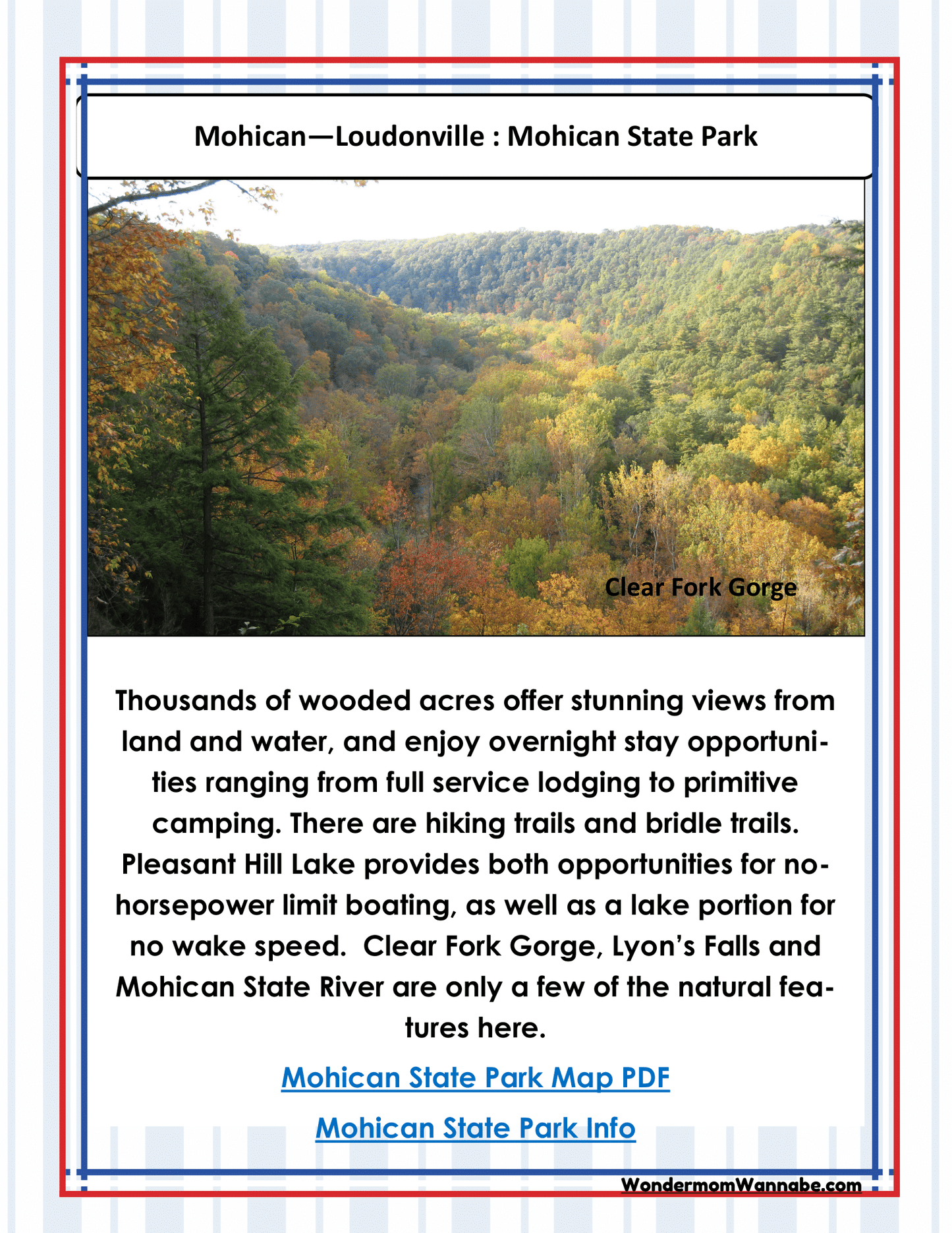 Informational poster featuring the Clear Fork Gorge at Mohican State Park in Loudonville, highlighting various Ohio activities such as hiking, boating, and camping. Discover more with the "Ohio Travel Guide and Activity Kit for Kids" by Wondermom Shop.