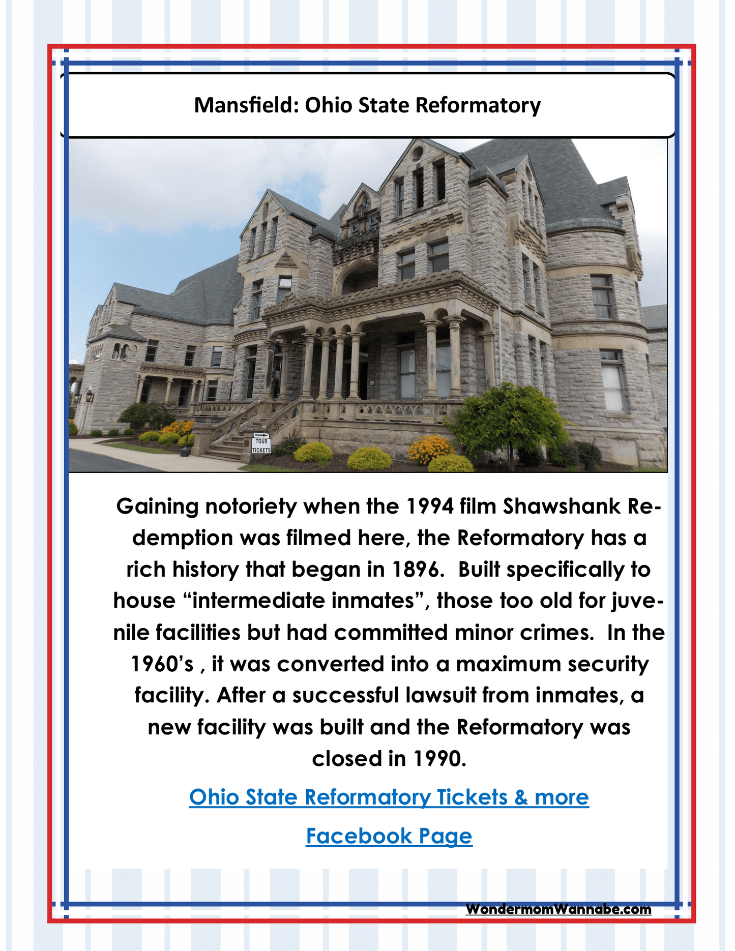 Photograph of Ohio State Reformatory, a historic prison built in 1896. Famous for its role in "The Shawshank Redemption," it closed in 1990 and now offers tours. Ideal for those exploring Cleveland visitor information or engaging in various Ohio activities with the Ohio Travel Guide and Activity Kit for Kids by Wondermom Shop.