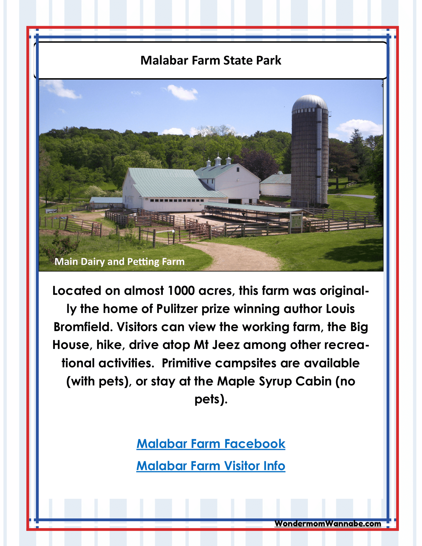 An informational sign for Malabar Farm State Park, brought to you by Wondermom Shop, describes the park's rich history, Ohio activities, exciting visitor experiences, and lodging options. It also highlights their popular product—the Ohio Travel Guide and Activity Kit for Kids—and includes links to their Facebook page and additional visitor information.