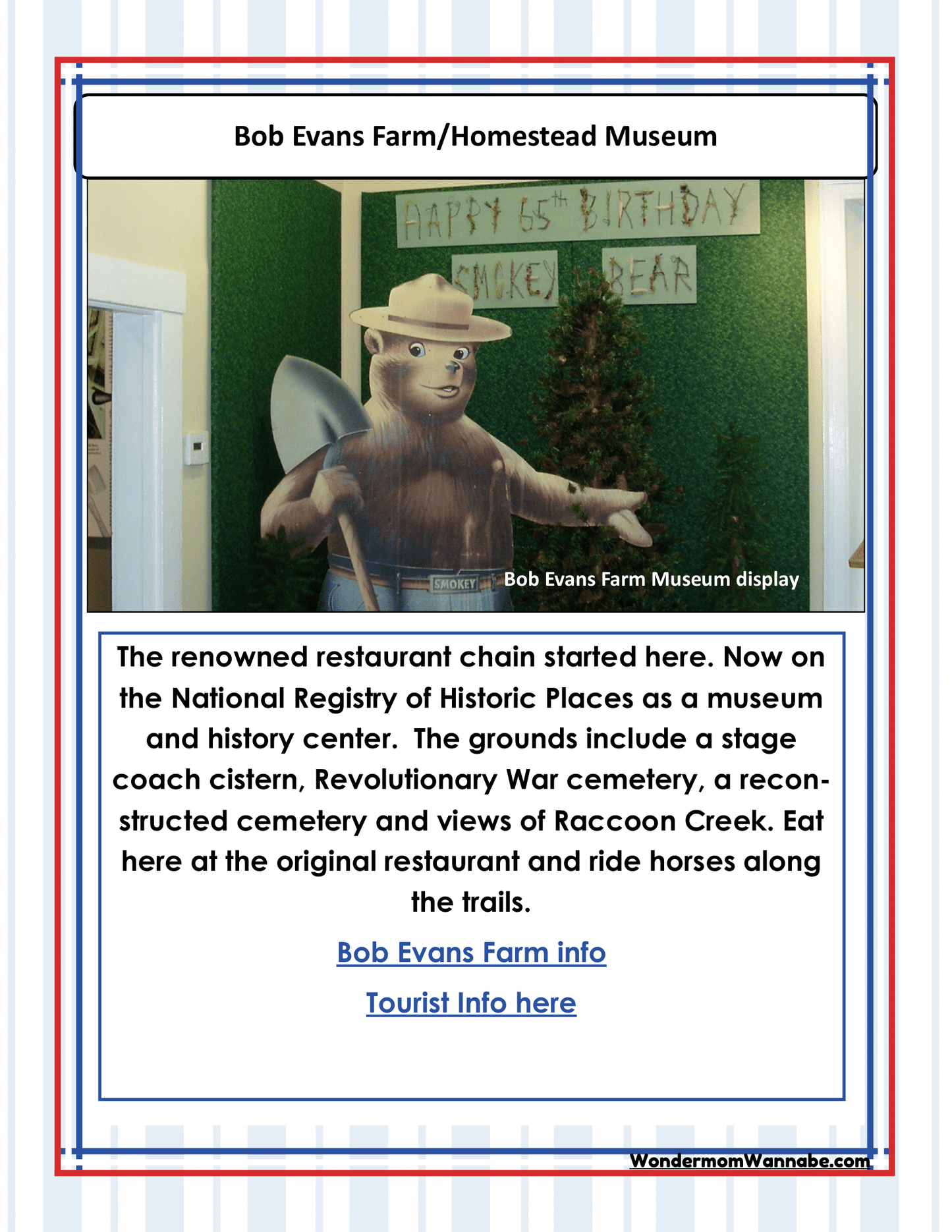 Informational poster about Bob Evans Farm/Homestead Museum, featuring a statue of Bob Evans and text detailing the museum's exhibits, complete with Ohio Travel Guide and Activity Kit for Kids by Wondermom Shop, including Ohio coloring pages and links to further information.