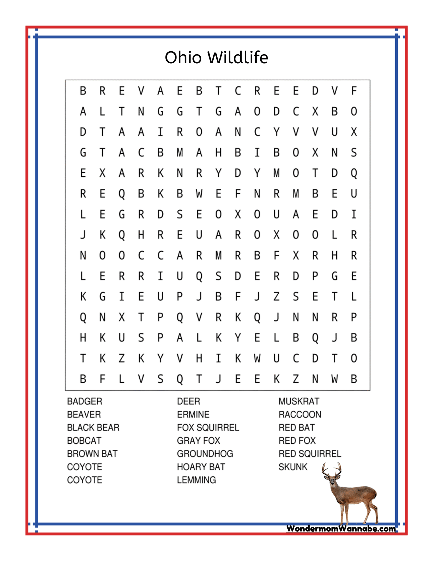 A word search puzzle titled "Ohio Wildlife," perfect for the Ohio Travel Guide and Activity Kit for Kids by Wondermom Shop, features a list of animals including badger, deer, fox, and skunk. The words are hidden in a grid of letters with a deer image at the bottom right corner.