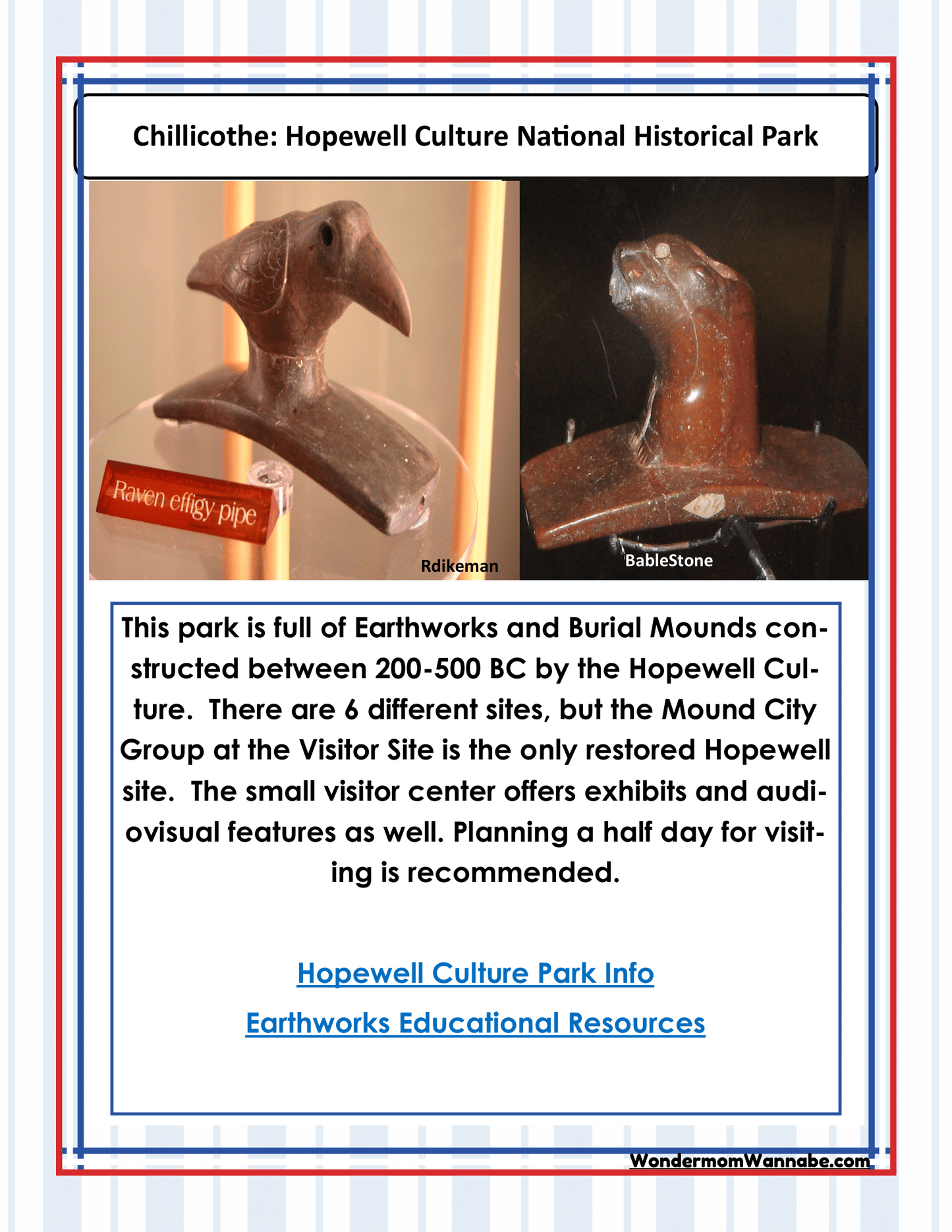 Informational sign about Chillicothe: Hopewell Culture National Historical Park, featuring a Raven effigy pipe and details about earthworks, mounds, and the visitor center. Discover more with Wondermom Shop's Ohio Travel Guide and Activity Kit for Kids or engage children with our Ohio coloring pages available at the center.