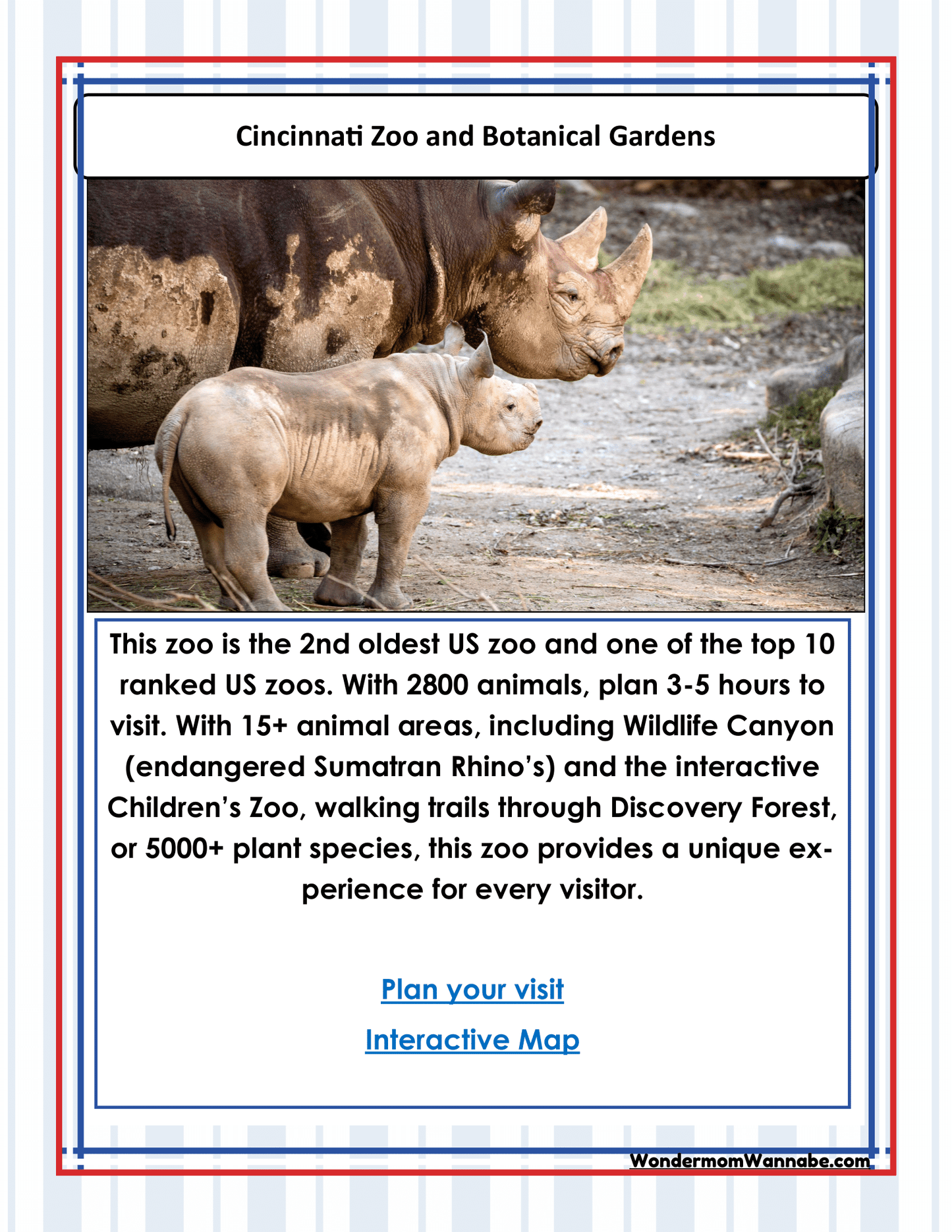 An adult and juvenile rhinoceros stand together. Text explains that the Cincinnati Zoo and Botanical Garden, the second oldest zoo in the United States, houses 2,800 animals, features over 15 animal areas, and offers numerous attractions for visitors. Families planning a visit can enrich their experience with the Ohio Travel Guide and Activity Kit for Kids from Wondermom Shop.