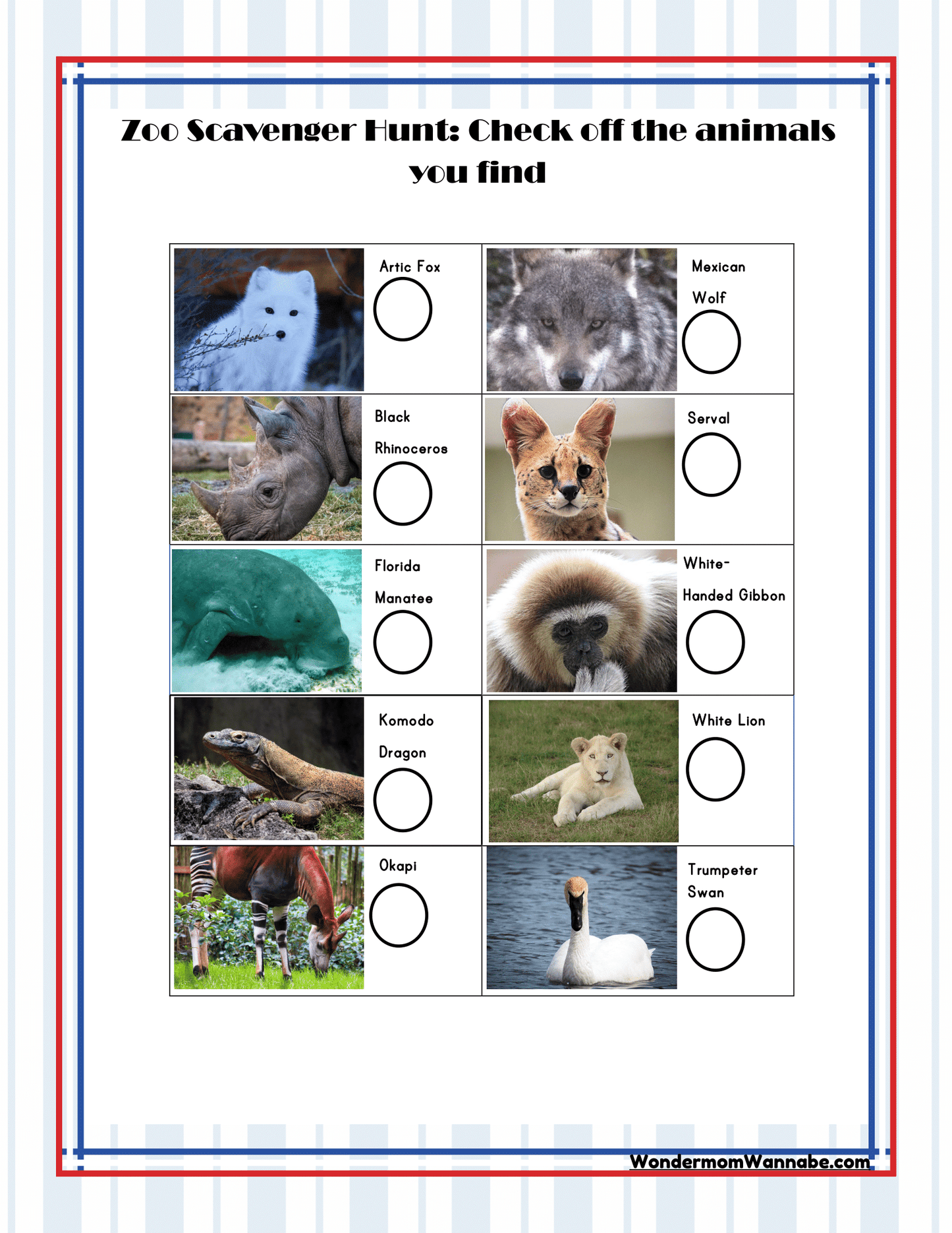 The Ohio Travel Guide and Activity Kit for Kids by Wondermom Shop includes a zoo scavenger hunt checklist with pictures and names of various animals, such as the Arctic Fox, Mexican Wolf, Black Rhinoceros, Serval, Florida Manatee, White-handed Gibbon, Komodo Dragon, White Lion, Okapi, and Trumpeter Swan—an ideal way to enhance any visit to Cleveland.