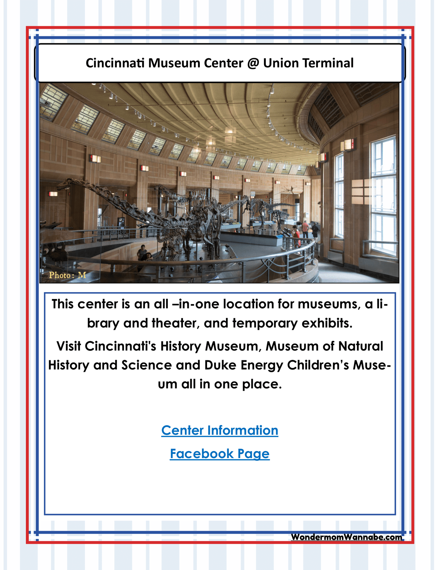 Image of an informational flyer about Wondermom Shop's Ohio Travel Guide and Activity Kit for Kids, highlighting Cincinnati Museum Center at Union Terminal with its combined museums and features, including links to center information, Ohio coloring pages, and its Facebook page.