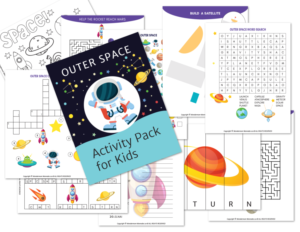 Introducing the Printable Kids Activity Books Bundle by Wondermom Shop: a delightful collection of children's space-themed activity sheets featuring coloring pages, word searches, mazes, and puzzles. This Outer Space Activity Pack for Kids offers endless hours of themed fun for young explorers.
