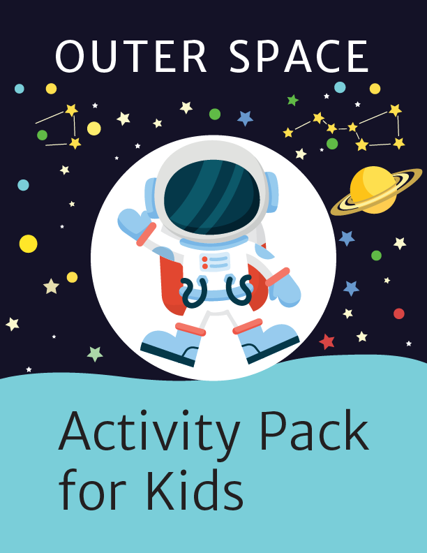 Illustrated cover of Wondermom Shop's "Outer Space Activity Kit for Kids," showcasing an astronaut, planets, stars, and constellations on a dark background.