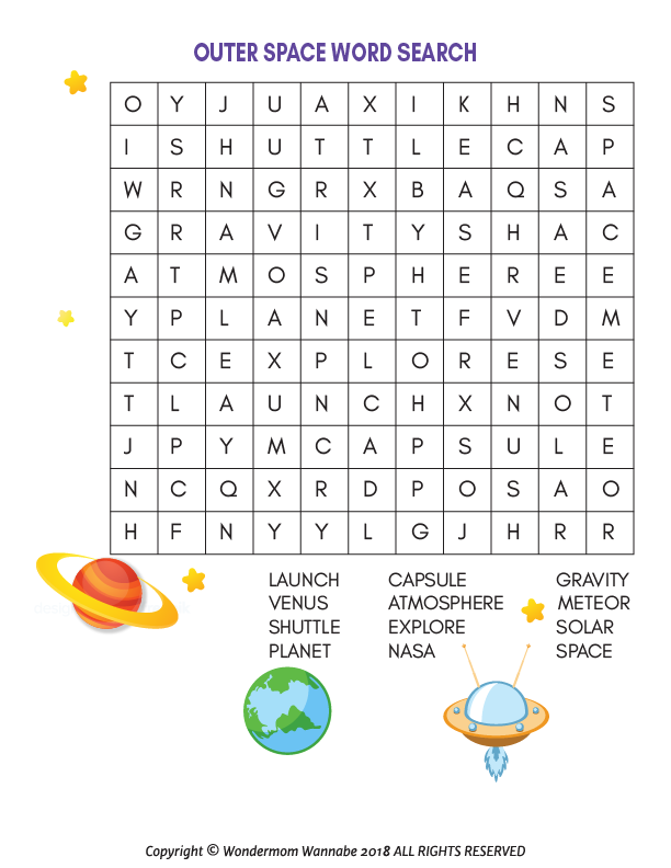 The Outer Space Activity Kit for Kids by Wondermom Shop includes a printable word search puzzle with space-themed words like "LAUNCH" and "PLANET," plus illustrations of planets and a spaceship, making it perfect for kids' games.
