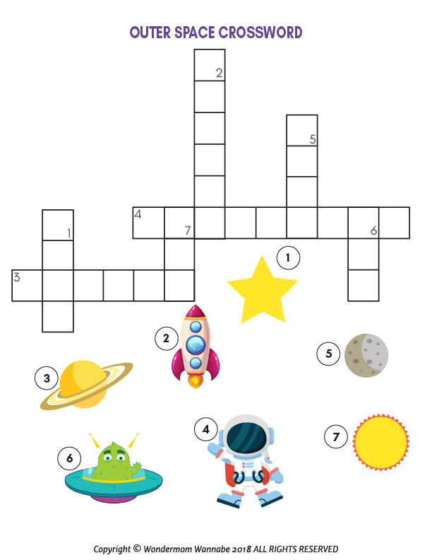 Discover the Outer Space Activity Kit for Kids from Wondermom Shop! This printable crossword puzzle, filled with fun images like star, rocket, Saturn, moon, alien, and astronaut, offers endless enjoyment for young explorers.