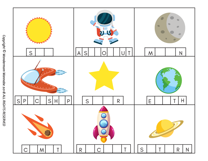 Discover Wondermom Shop's "Outer Space Activity Kit for Kids," featuring a printable grid with nine space-themed images, including words like sun, astronaut, moon, spaceship, star, Earth, comet, rocket, and Saturn—ideal for engaging children's games!.
