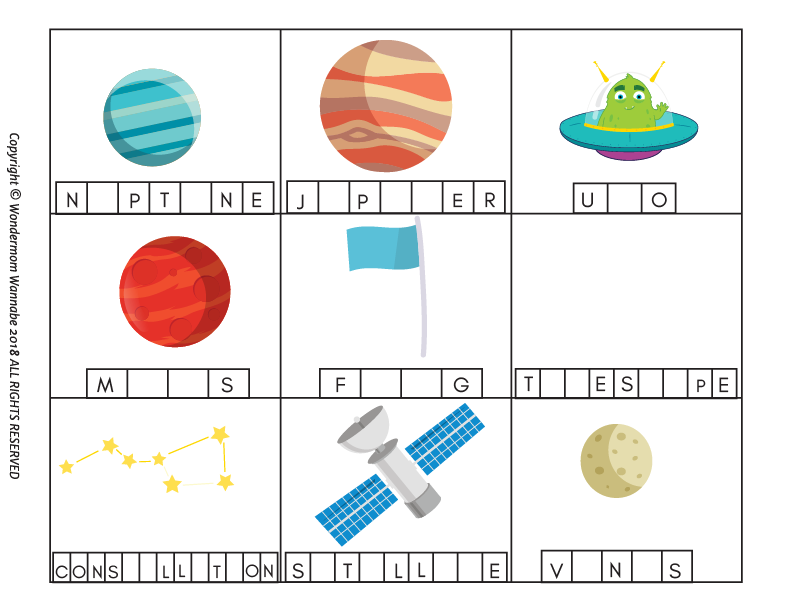 Explore the Wondermom Shop Outer Space Activity Kit for Kids, a printable word puzzle featuring planets, a satellite, a flag, a green alien, and constellations. Ideal for young game lovers ready to tackle interstellar challenges!.
