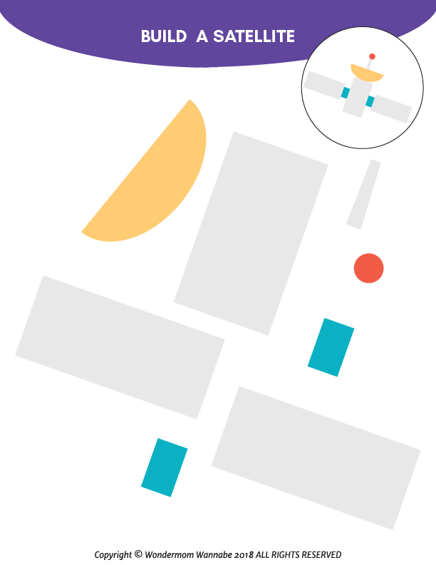 Illustration of a printable satellite assembly guide with geometric shapes, plus a small inset showing the completed satellite and antenna. Ideal for the Outer Space Activity Kit for Kids by Wondermom Shop or as part of fun games for kids.