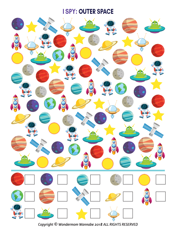 The "Outer Space Activity Kit for Kids" by Wondermom Shop is a colorful "I Spy" game with rockets, planets, aliens, astronauts, and stars. It includes counting boxes for each item type and makes an ideal printable activity kit for hours of fun!.
