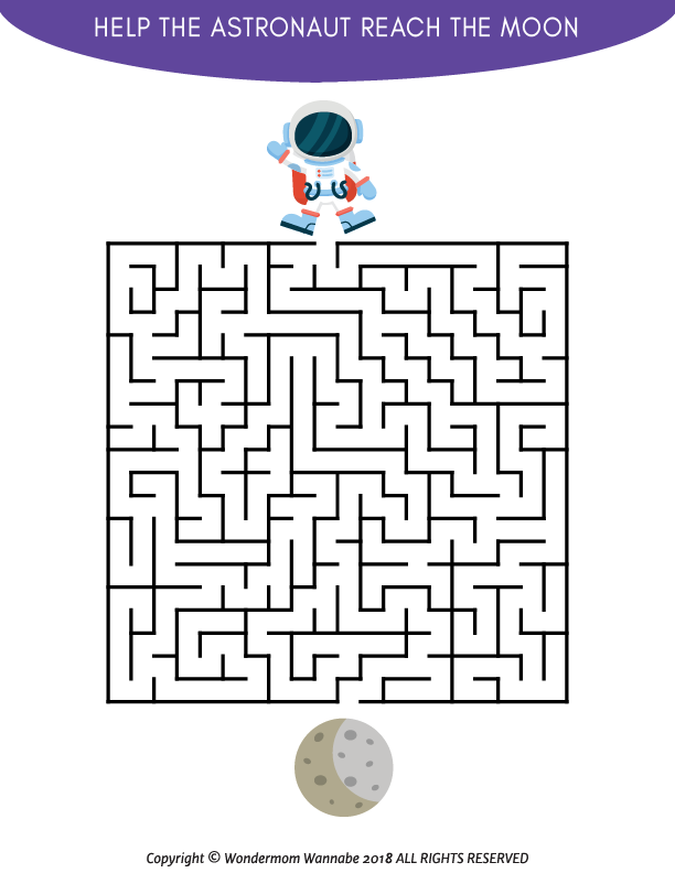 Guide the astronaut through this engaging maze from start to moon! As part of the Kids Games collection, Wondermom Shop's Outer Space Activity Kit for Kids is ideal for young adventurers. Download it now and embark on a cosmic journey.