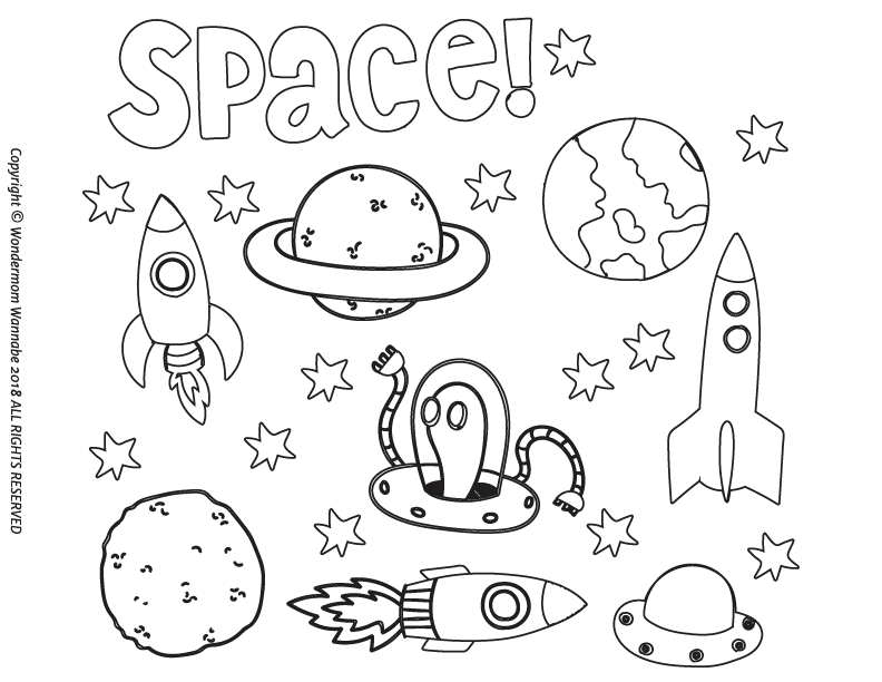 A printable illustration with rockets, planets, stars, and an alien is a perfect fit for the Outer Space Activity Kit for Kids by Wondermom Shop. The word "Space!" is prominently displayed at the top.