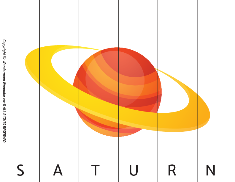 A stylized orange and red planet with a yellow ring, resembling Saturn, with “S A T U R N” spaced below. Ideal for the Wondermom Shop's Outer Space Activity Kit for Kids.
