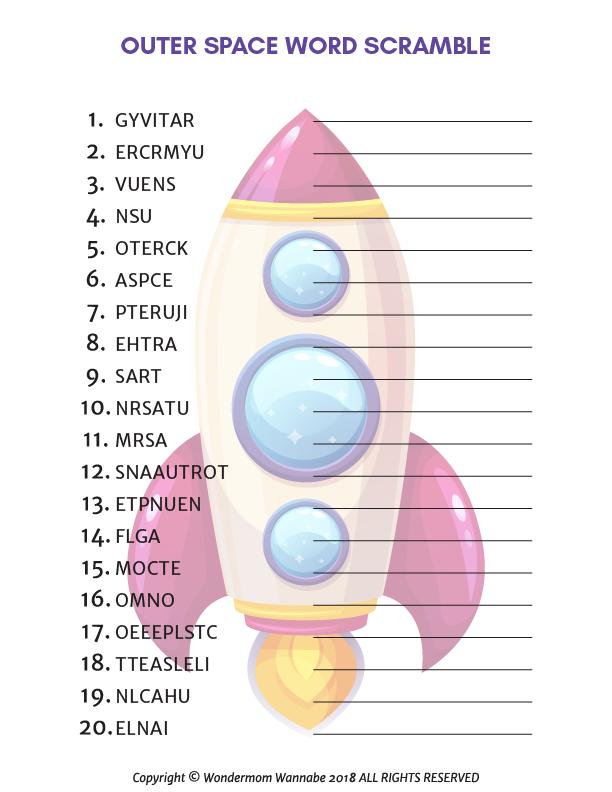 Young explorers will love the fun, printable word scramble from the "Outer Space Activity Kit for Kids" by Wondermom Shop. Featuring a cartoon rocket and 20 space-related scrambled words, this game promises an engaging cosmic adventure!.