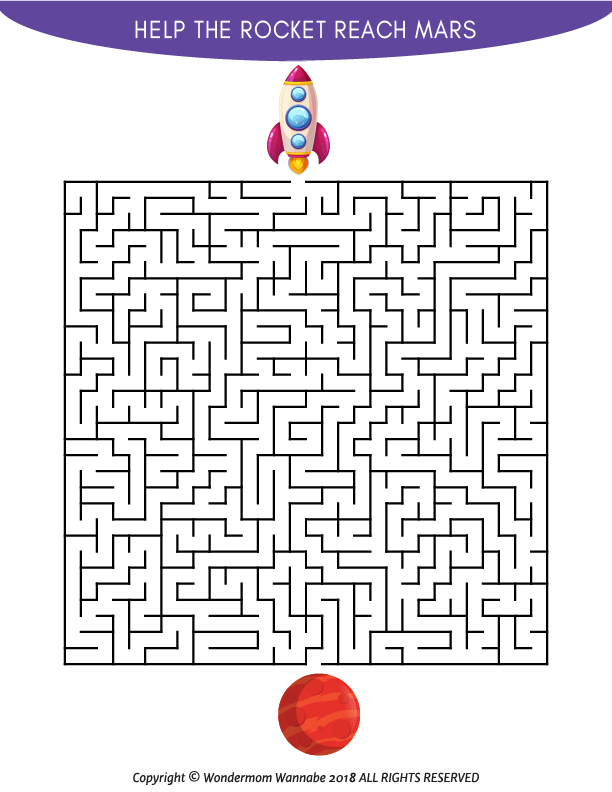 The Outer Space Activity Kit for Kids by Wondermom Shop includes a maze puzzle with a rocket at the top and Mars at the bottom. The goal is to help the rocket reach Mars by navigating through this fun game.