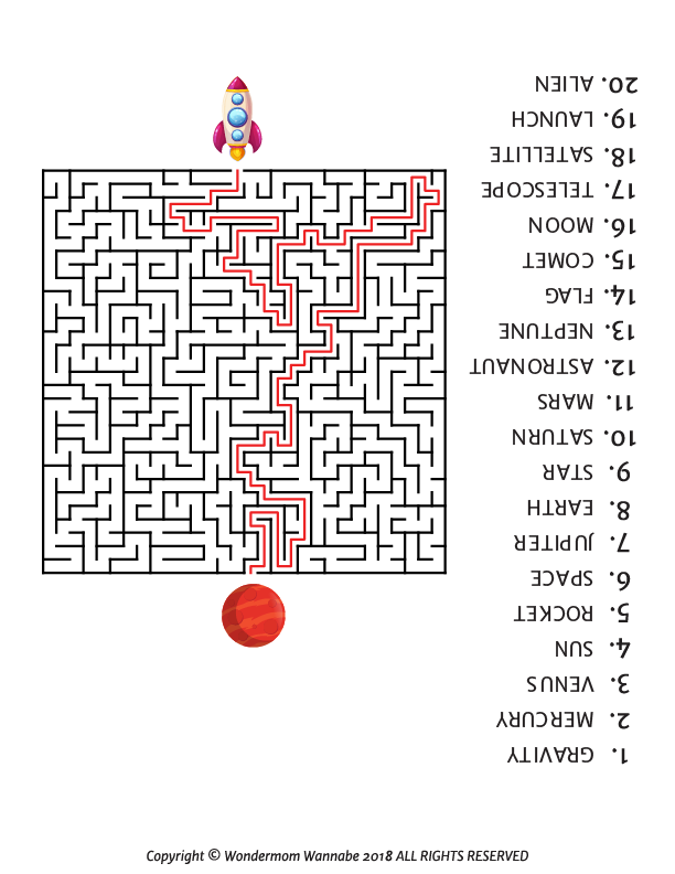 The printable maze in the Outer Space Activity Kit for Kids by Wondermom Shop features a red path from a top rocket to a bottom red planet, alongside nineteen steps starting with "1. Mercury" and ending with "20. Alien," offering an engaging space-themed adventure for kids!.