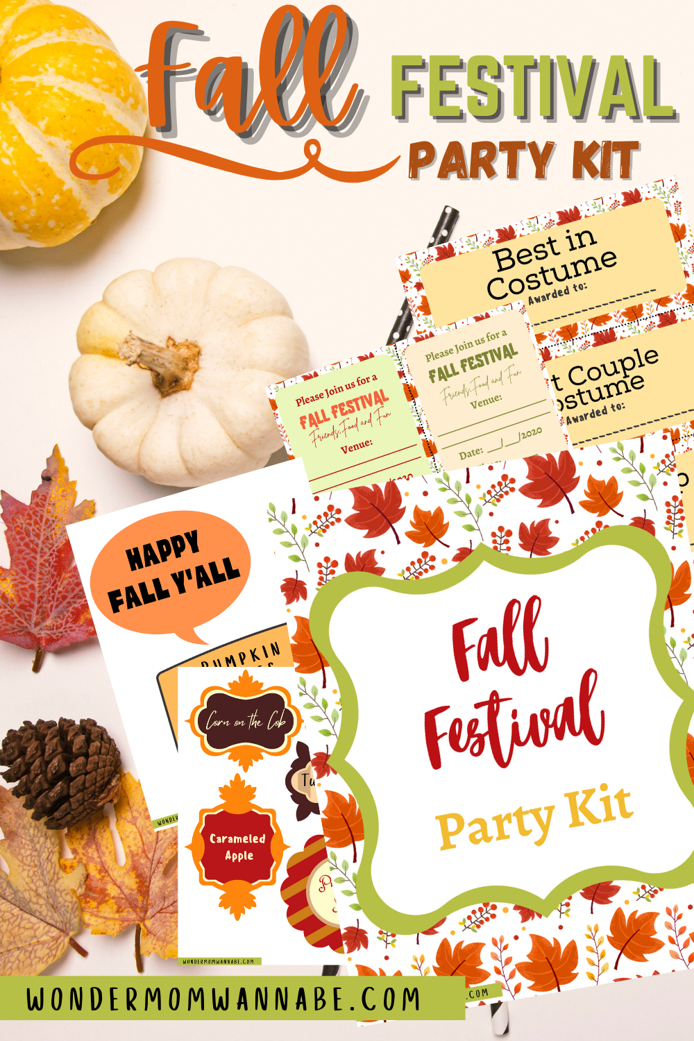The Fall Festival Party Kit by Wondermom Shop showcases a vibrant display with printable elements such as awards, stickers, and fall-themed accents like pumpkins and leaves. This digital product includes "Best in Costume" awards and a "Happy Fall Y'all" sign to enhance your festive celebrations.