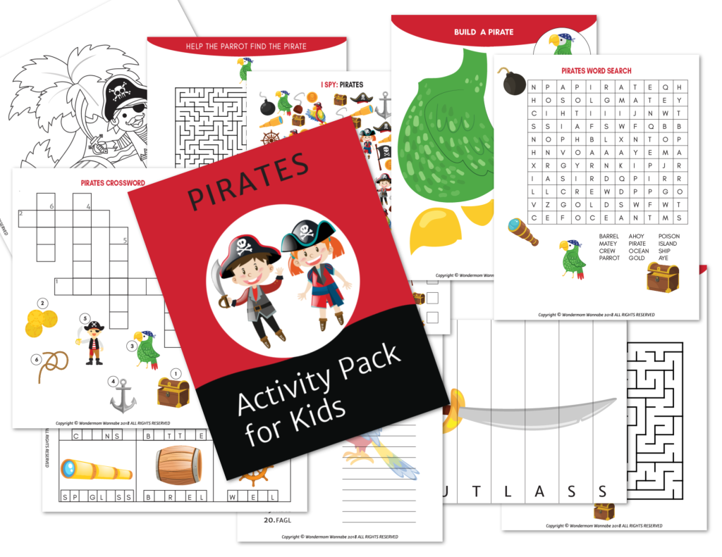 Introducing the Printable Kids Activity Books Bundle from Wondermom Shop: a collection of pirate-themed fun packs for kids, featuring a crossword, maze, word search, coloring page, drawing activity, and spot-the-difference puzzle. These perfect digital products can be printed at home for endless entertainment!