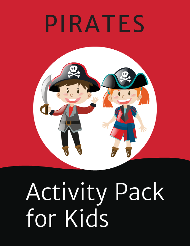 The cover of the Wondermom Shop’s Pirate Activity Kit for Kids shows cartoon pirates on a red and black background with the title “Pirate Activity Kit for Kids.” Perfect for printable kids activities and pirate-themed fun!.