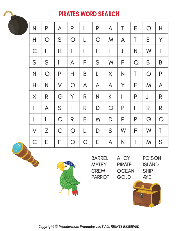 Set sail with the Pirate Activity Kit for Kids by Wondermom Shop! This printable kit features a pirate-themed word search with fun illustrations like a bomb, telescope, parrot, and treasure chest—perfect for young adventurers.