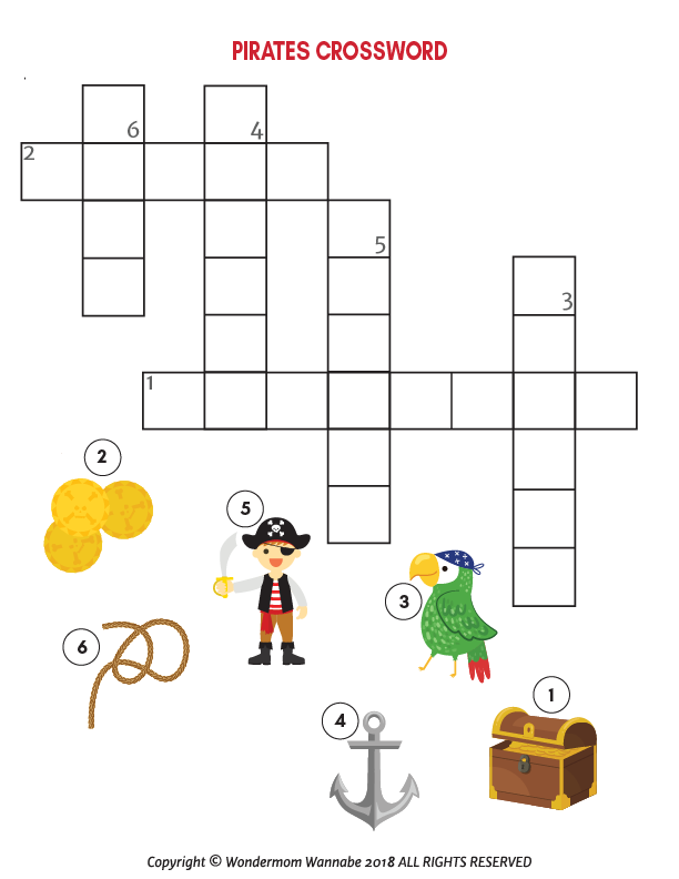 The Pirate Activity Kit for Kids by Wondermom Shop features a pirate-themed crossword puzzle with illustrated clues like gold coins, rope, anchor, treasure chest, a pirate, and parrot—perfect printable for fun kids’ activities!.