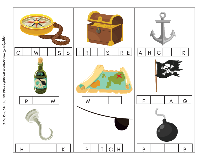Explore the Wondermom Shop’s Pirate Activity Kit for Kids, featuring a printable pirate-themed word puzzle with fun images like a compass, chest, map, and hook. Ideal for adventurous learning and entertaining kids’ activities!.