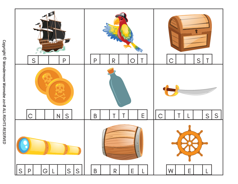 The Wondermom Shop Pirate Activity Kit for Kids includes a printable worksheet with nine pirate-themed images and partially completed words, encouraging children to fill in the blanks with the correct letters.