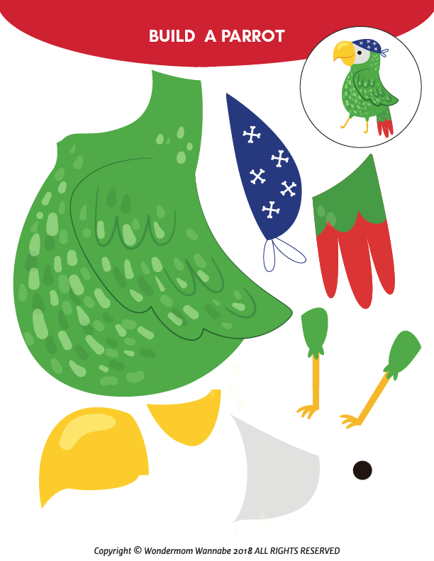 The Wondermom Shop's Pirate Activity Kit for Kids features a parrot craft template with cut-out pieces—wings, beak, legs, tail, eye, and blue pirate hat—plus an assembled example in the top right corner. Perfect for kids’ activities and crafts.
