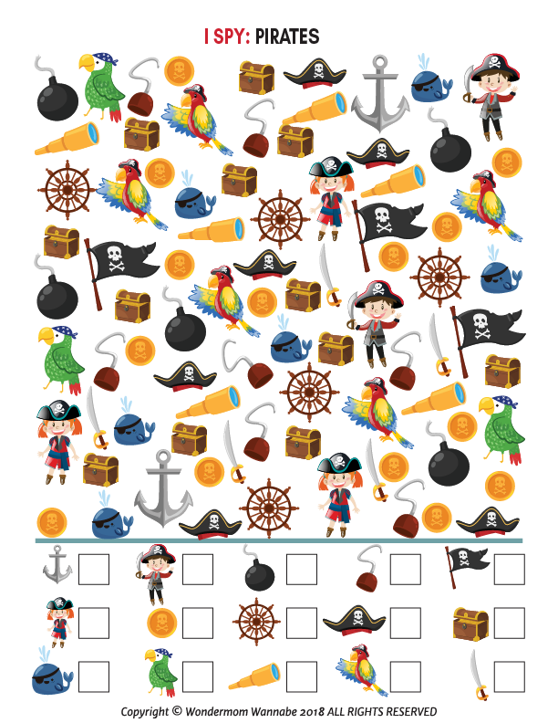 Enjoy a colorful I Spy game from the Wondermom Shop's Pirate Activity Kit for Kids, packed with pirate-themed items like pirates, treasure chests, coins, swords, and parrots. Download this fun printable for your next kids’ adventure!.