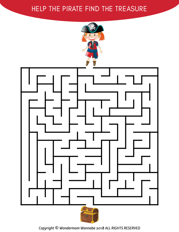 The Wondermom Shop Pirate Activity Kit for Kids includes a printable maze featuring a pirate at the top and a treasure chest at the bottom—help the pirate reach the treasure in this fun activity!.