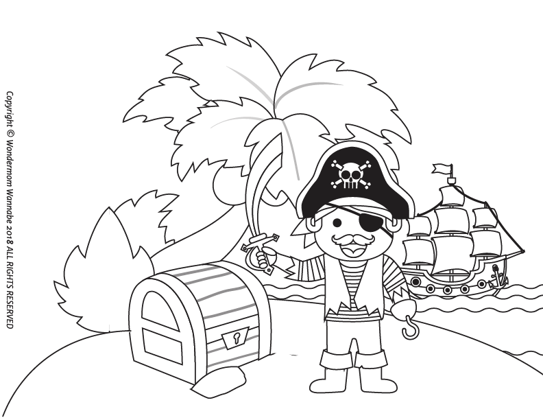 A cartoon pirate with an eye patch and sword stands by a treasure chest on an island, with a ship and palm trees behind—perfect for the Wondermom Shop Pirate Activity Kit for Kids or other printable kids activities.