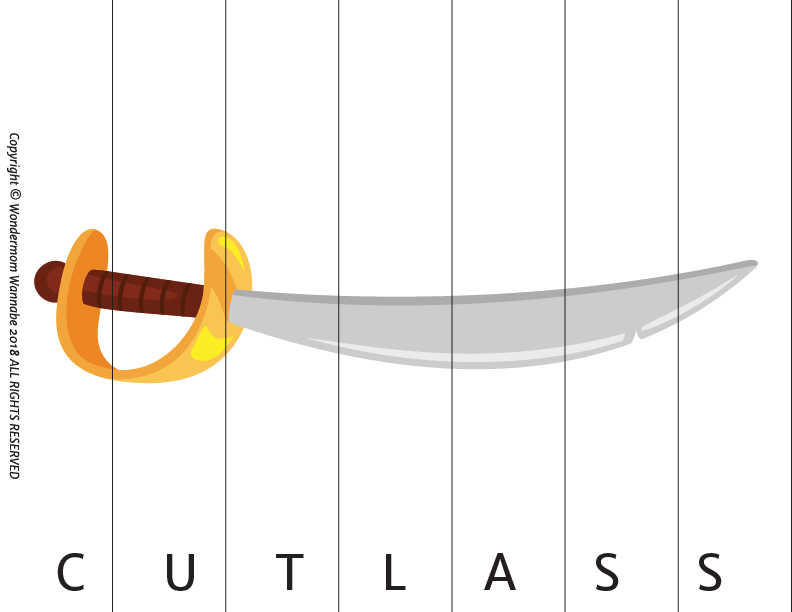 Illustration of a cutlass with a gold hilt and curved blade, divided by lines, with "CUTLASS" below—great for the Wondermom Shop Pirate Activity Kit for Kids or as a fun kids' printable.