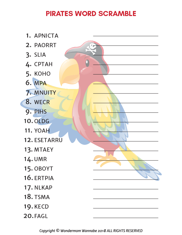 The Pirate Activity Kit for Kids by Wondermom Shop features a pirate-themed word scramble worksheet with 20 scrambled words, blank answer lines, and a colorful parrot in a pirate hat—perfect for fun kids’ activities!.