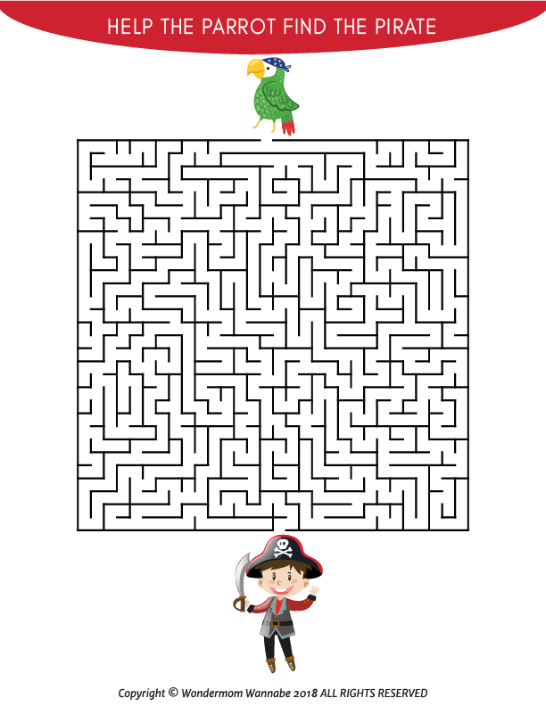 The Wondermom Shop Pirate Activity Kit for Kids includes a printable maze puzzle where kids help a parrot reach a pirate—a fun and engaging activity perfect for children.