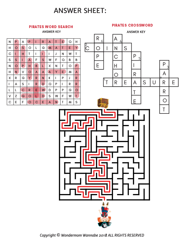The Pirate Activity Kit for Kids by Wondermom Shop includes a printable answer sheet with completed pirates word search, crossword, and maze. Answers are filled in, with a small pirate graphic—great for fun kids activities.