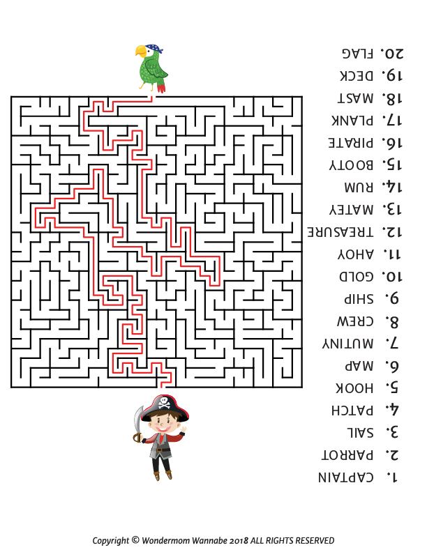 The Pirate Activity Kit for Kids by Wondermom Shop includes a fun, printable pirate maze puzzle with a pirate at the start, parrot at the finish, red solution path, and numbered pirate-themed words—perfect for kids’ activities!.