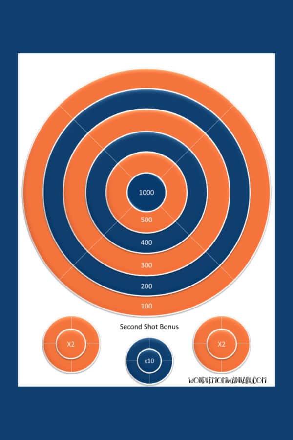 Featuring concentric circles in orange and blue with point values ranging from 100 to 1000, the Nerf Targets Family Activity by VIP Vault is ideal for printable Nerf competitions. It also includes two bonus "X2" circles and one "X10" circle to enhance the excitement of your games.