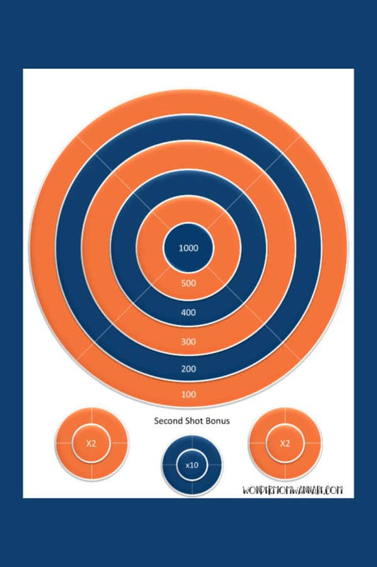 Featuring concentric circles in orange and blue with point values ranging from 100 to 1000, the Nerf Targets Family Activity by VIP Vault is ideal for printable Nerf competitions. It also includes two bonus "X2" circles and one "X10" circle to enhance the excitement of your games.