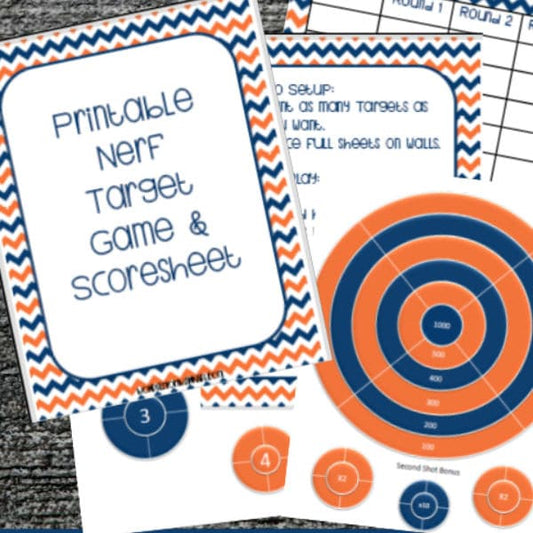 Explore our digital offering: the Nerf Targets Family Activity by VIP Vault. Ideal for Nerf competitions, it includes imaginative target designs and instructions set against a vibrant chevron-patterned backdrop.