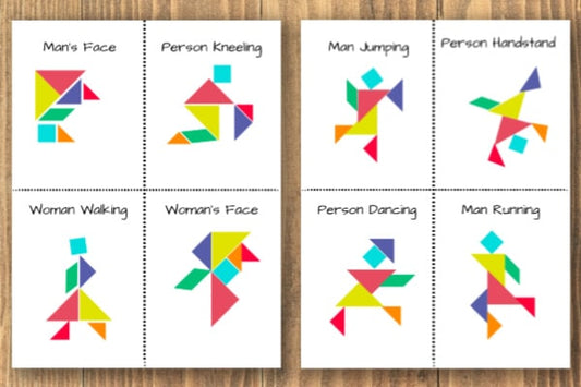 Six colorful tangram puzzles on separate cards, each labeled with titles such as "Man's Face," "Person Kneeling," and "Man Jumping." The Tangram People Puzzle Activity by VIP Vault is a fun and educational kids activity, featuring printable tangram people like "Person Handstand" and "Woman's Face.