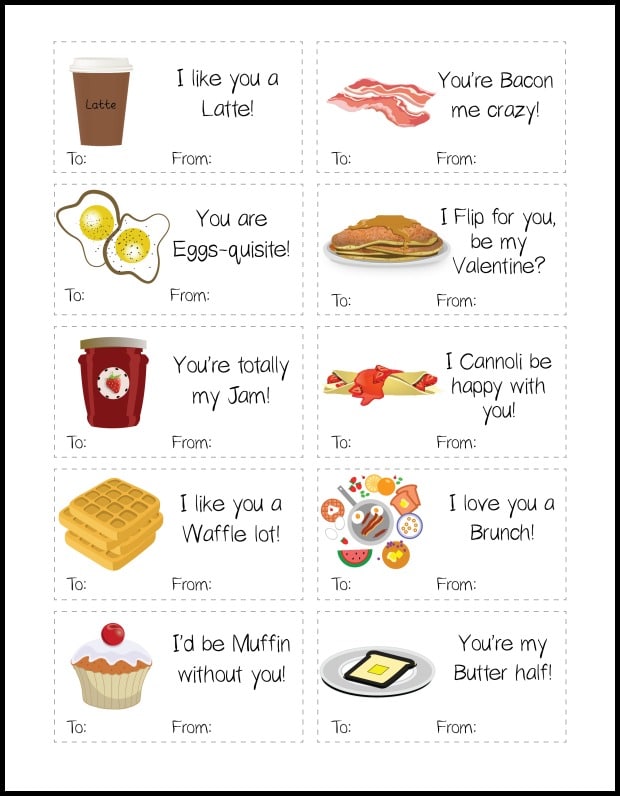 VIP Vault's Printable Punny Valentines include food-themed cards with playful messages such as "I like you a Latte!" and "You're Bacon me crazy!" Each card is a free printable valentine, featuring "To" and "From" fields.